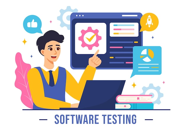 software testing vector illustration featuring application engineering debugging development process programming and coding in a flat background