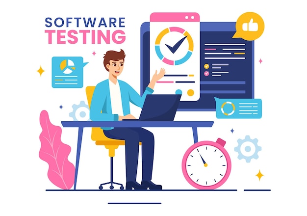 software testing vector illustration featuring application engineering debugging development process programming and coding in a flat background