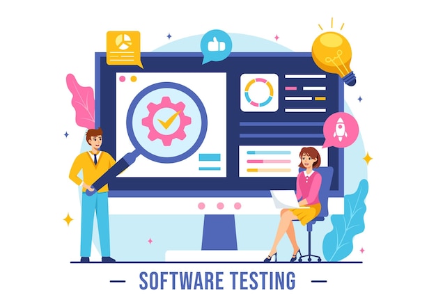 software testing vector illustration featuring application engineering debugging development process programming and coding in a flat background