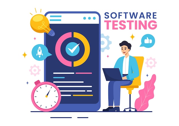 software testing vector illustration featuring application engineering debugging development process programming and coding in a flat background