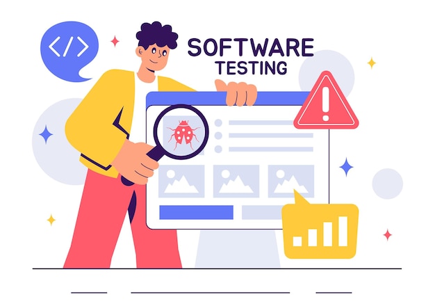 software testing vector illustration featuring application engineering debugging processes development workflow programming and coding