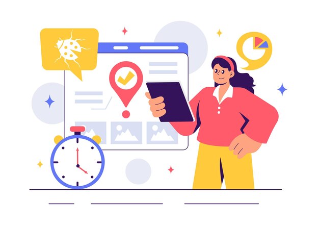 software testing vector illustration featuring application engineering debugging processes development workflow programming and coding