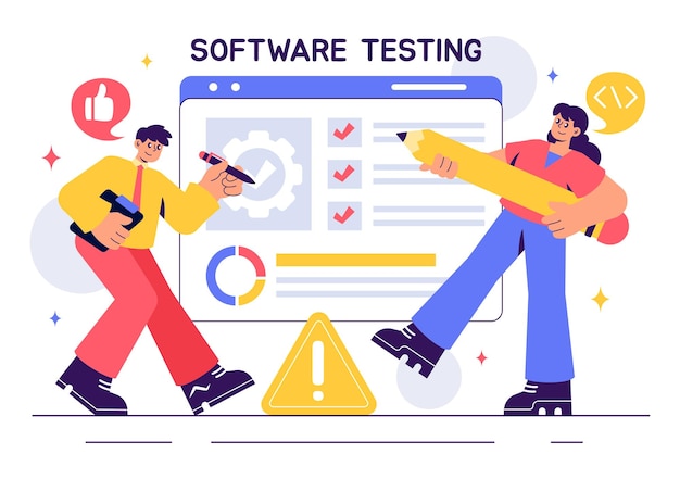 software testing vector illustration featuring application engineering debugging processes development workflow programming and coding