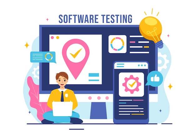 Software Testing Vector Illustration met Application Engineering Debugging Development Process Programming en Coding in een vlakke achtergrond
