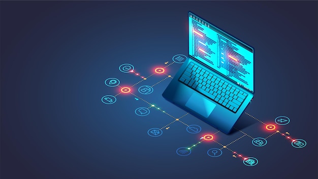 software web development programming concept abstract programming language and program code on screen laptop laptop and icons of programming process technology process of software development