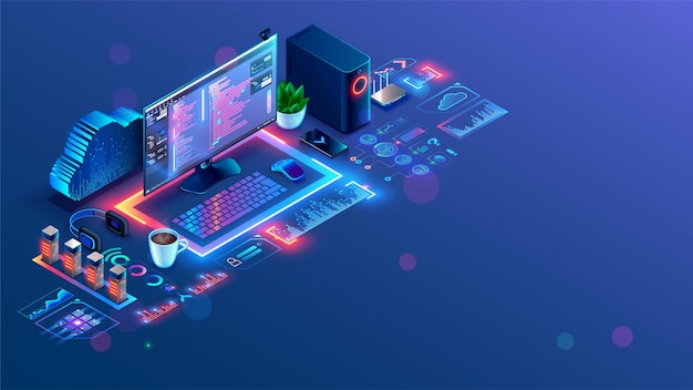software web development programming concept api program code in development environment on screen pc desk or workplace of programmer online coding workshop text of program on display computer