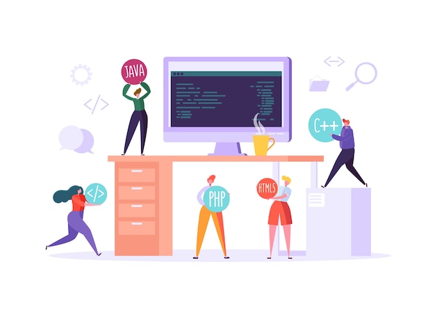 software and web page programming concept. programmer characters working on computer with code on screen. freelancer workplace coding. 