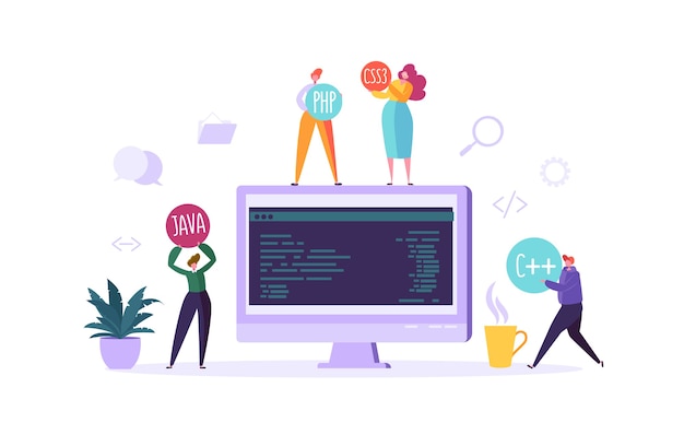 software and web page programming concept. programmer characters working on computer with code on screen. freelancer workplace coding. 