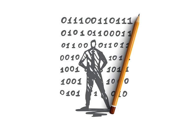 source code, software, program, development, computer concept. hand drawn computer programmer and code concept sketch. 