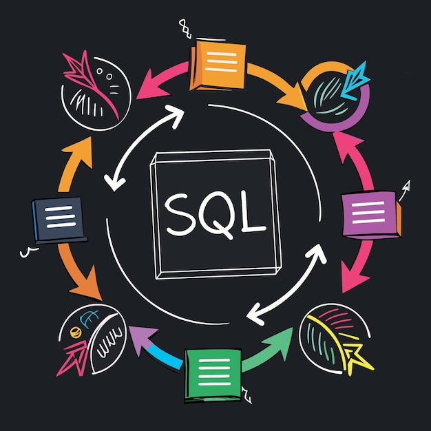 sql modern programming language for database in software development or application concept multi