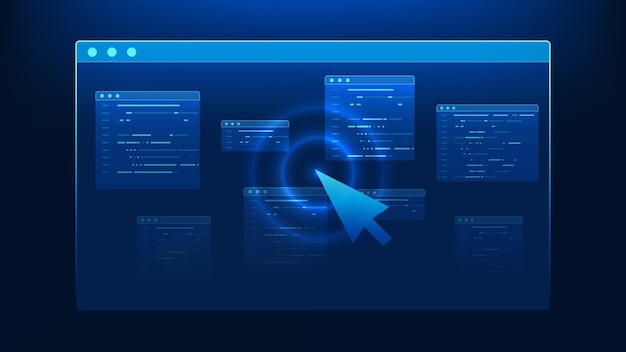 technology background featuring a digital screen with code interface and cursor arrow representing software development programming coding workflow web development and modern digital engineering