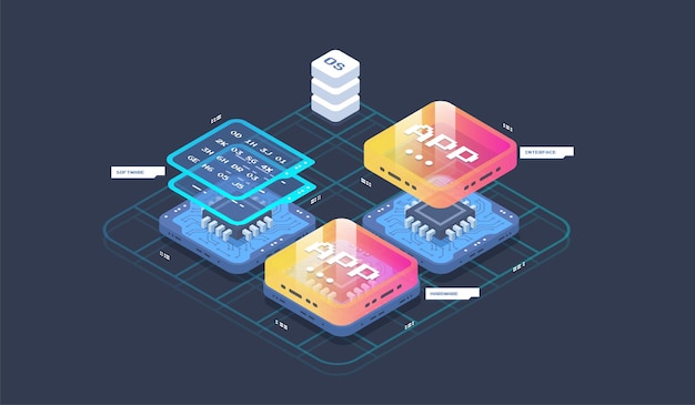 technology process of app and program. application development vector isometric illustrations. software development coding process concept.