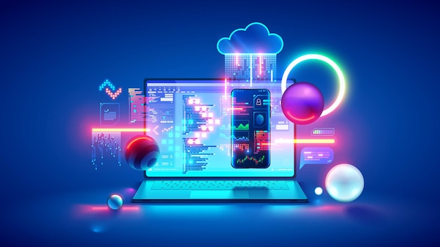 technology of software development web design programming concept program code on screen laptop phone code of program data interface elements on screen laptop software development tech banner