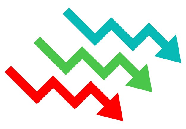 three colorful zigzag arrows pointing down representing financial crash or business decrease