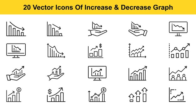 twenty line icons set of increase and decrease graph charts