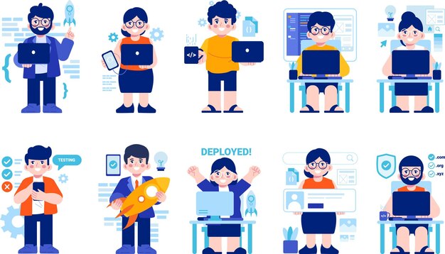 프로그램 개발 세트 작업을 수행하는 벡터 카툰 웹 개발자 및 앱 개발자