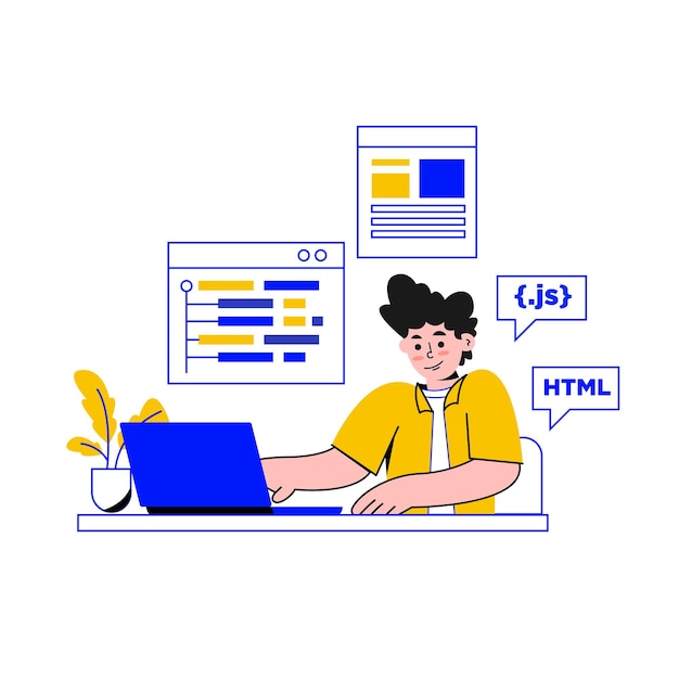 vector of developer man developing program on him desk