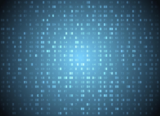 vector hexadecimal code blue background. big data and programming hacking, deep decryption and encryption, computer streaming byte source. coding or hacker concept hex-editor window.