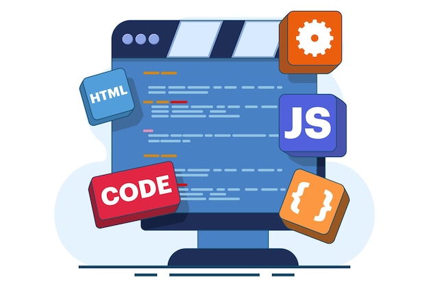 터 일러스트레이션: Java 또는 HTML 또는 웹 디자인 또는 소프트웨어로 컴퓨터 프로그래밍 개념