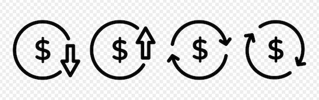 vector illustration of dollar increase and decrease icon set isolated on transparent background