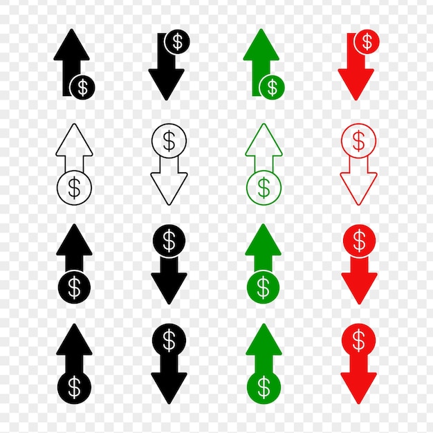 vector illustration of dollar increase and decrease icon set isolated on transparent background