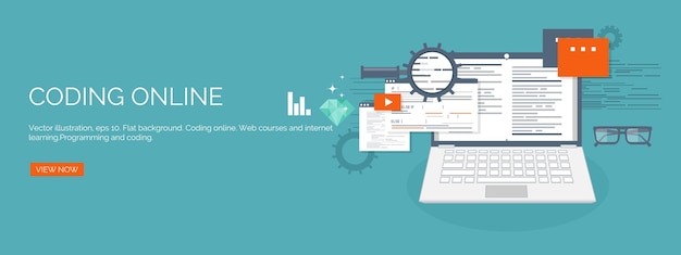 vector illustration flat computing background programming coding web development search engine