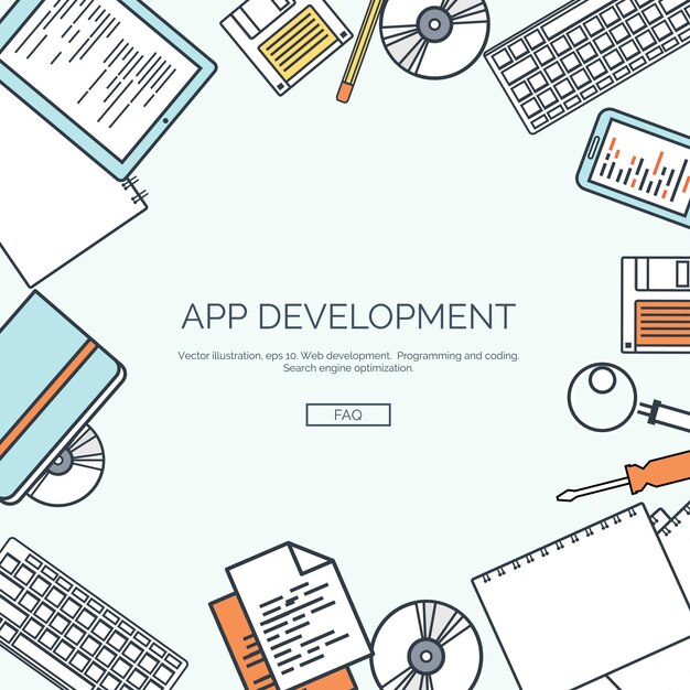 vector illustration lined flat computing background programming coding web development and search