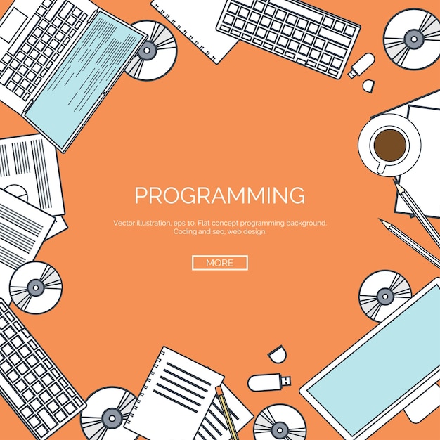 vector illustration lined flat computing background programming coding web development and search
