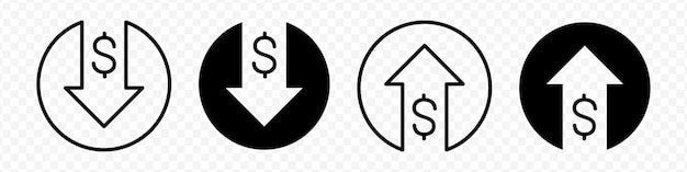vector isolated dollar increase decrease icon set in black outline and fill