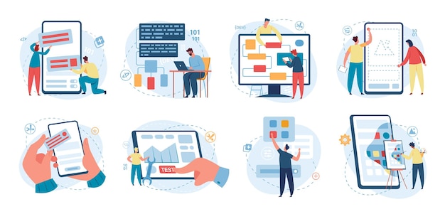 web designer and programmer working on web development. software developer writing code, programming software, developing app vector concept set
