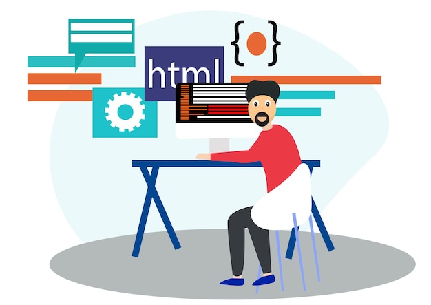 web developer coding at desk with html and code snippets