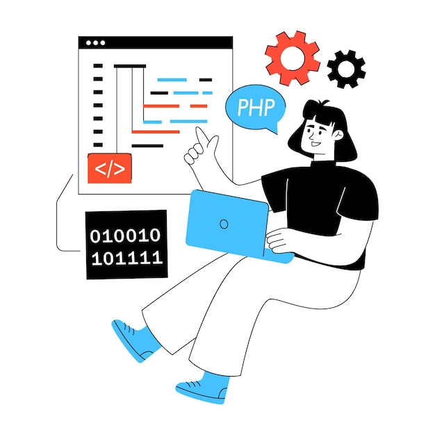 web developer coding php on laptop with binary code and gears