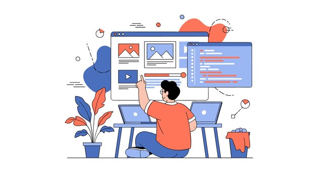 web developer creating a user interface on a computer showing the coding process