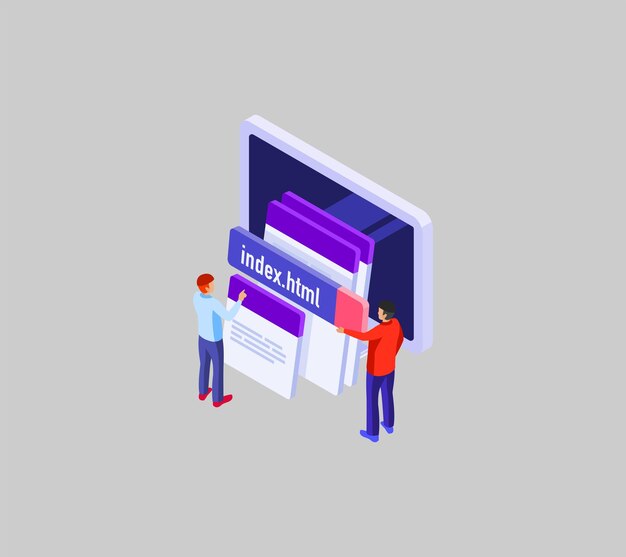 web developers working on html code isometric vector