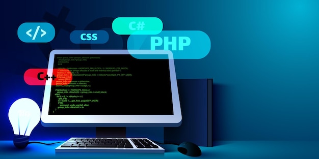 web development coding and programming futuristic banner computer code on computer