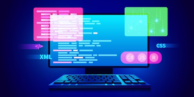 web development coding and programming futuristic banner computer code on computer