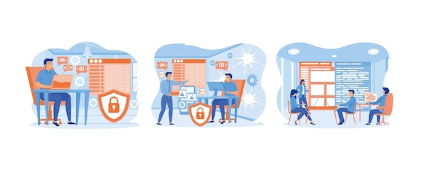 web development programmer developing website coding developing programming and coding technologies set flat vector modern illustration