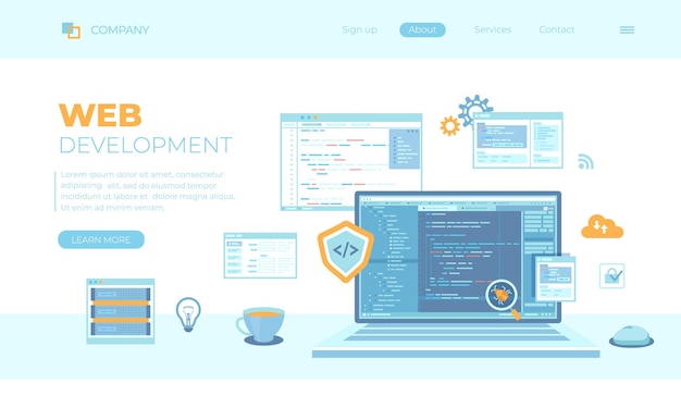 web development programming coding laptop with program code on the screen virtual screens bug fix