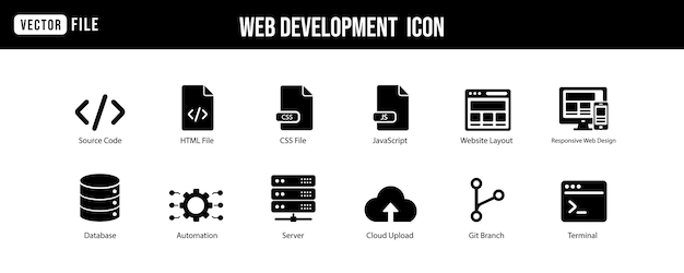 web development solid glyph icons set with code html css javascript server and database