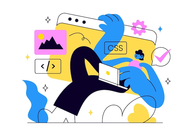 web development vector illustration featuring website design coding process responsive interface programming tools and digital technology solutions