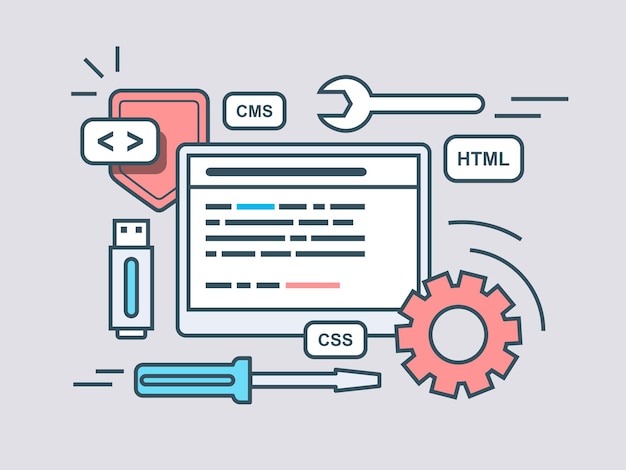 Webprogrammeringsscript Code programma script html codering algoritme Platte vector illustratie