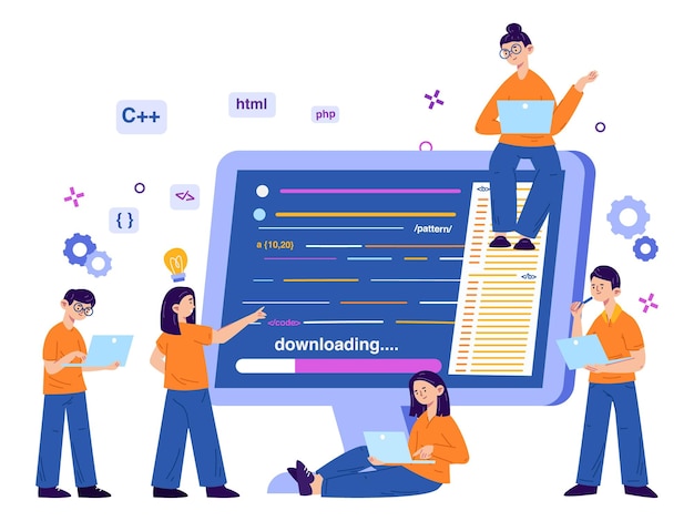 website software developing app programmers team concept code engeneers programming on computer vector illustration programmers and software developers software programmer development