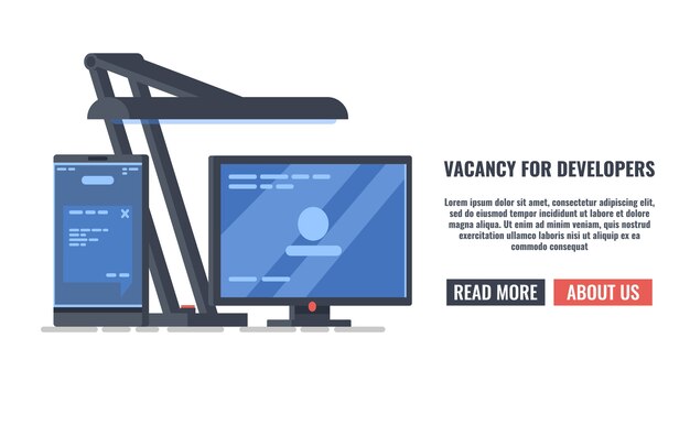 work table of software developer, vacancy for programmers, application and user interface