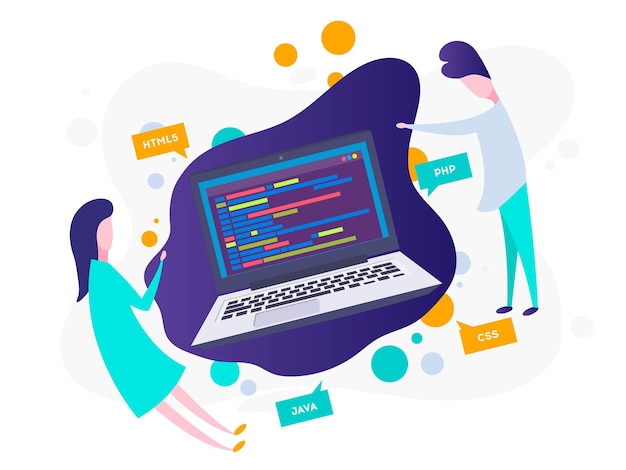 workplace of programmer or coder vector illustration programmer coding a new project using computer web development website screens program code engineering