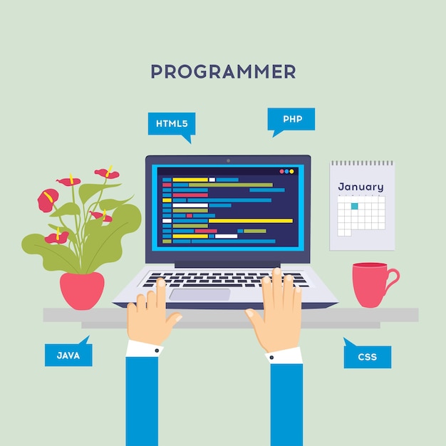 workplace of programmer or coder vector illustration programmer coding a new project using computer web development website screens program code engineering