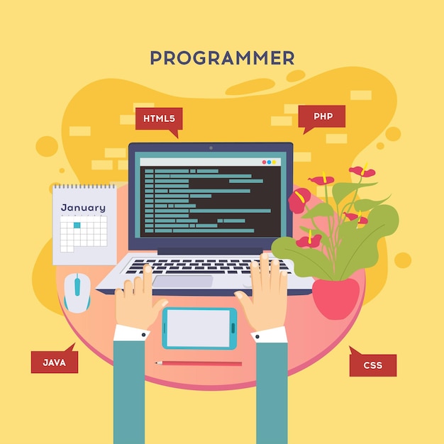 workplace of programmer or coder vector illustration programmer coding a new project using computer web development website screens program code engineering