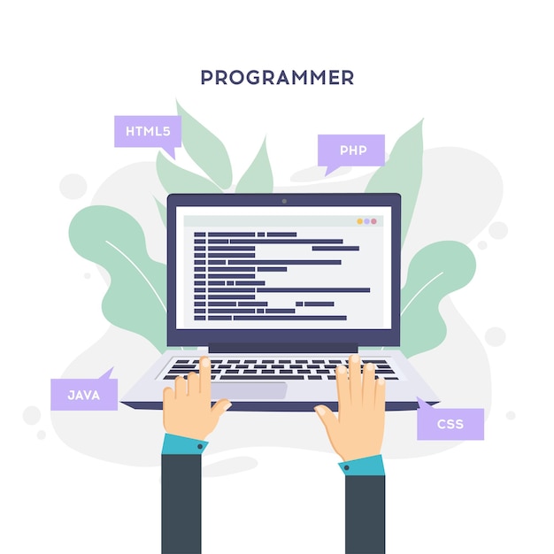 workplace of programmer or coder vector illustration programmer coding a new project using computer web development website screens program code engineering