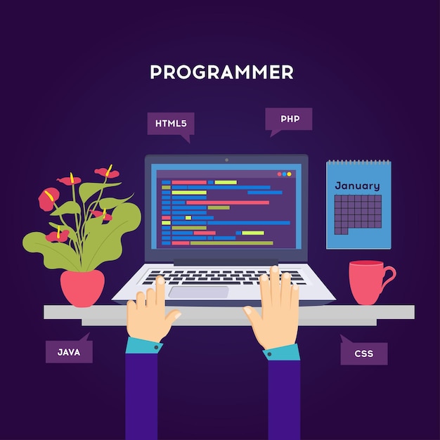 workplace of programmer or coder vector illustration programmer coding a new project using computer web development website screens program code engineering