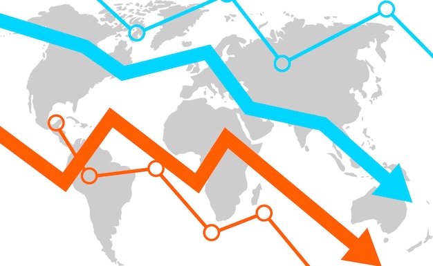 world crisis decrease chart on background of global map