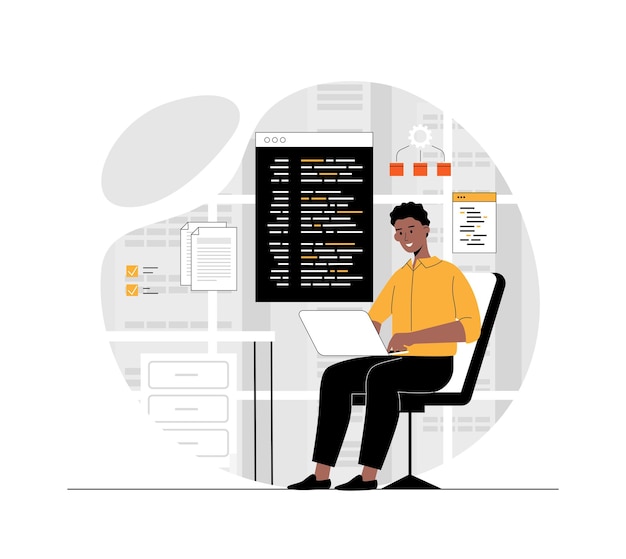 Software development programming coding Man create software write code and scripts work with pr